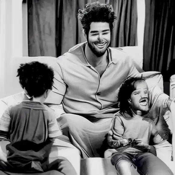 La imagen debe representar al cantante David Bisbal teniendo una conversación atractiva con sus hijos, compartiendo sus cosas favoritas como un momento de unión familiar.