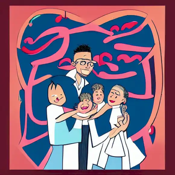 La imagen representa un momento familiar alegre, celebrando el nacimiento de la hija de Edu Soto Nora con la pareja compartiendo su felicidad y padrinos en Instagram.