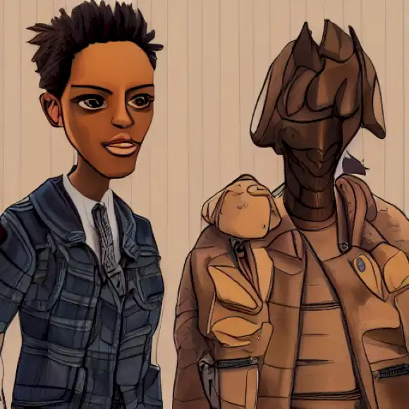 La imagen debe mostrar una representación de Olfo, Palito y Jara, destacando sus roles como personajes laterales dentro del diverso universo creado por el artista Bimba Bosé.