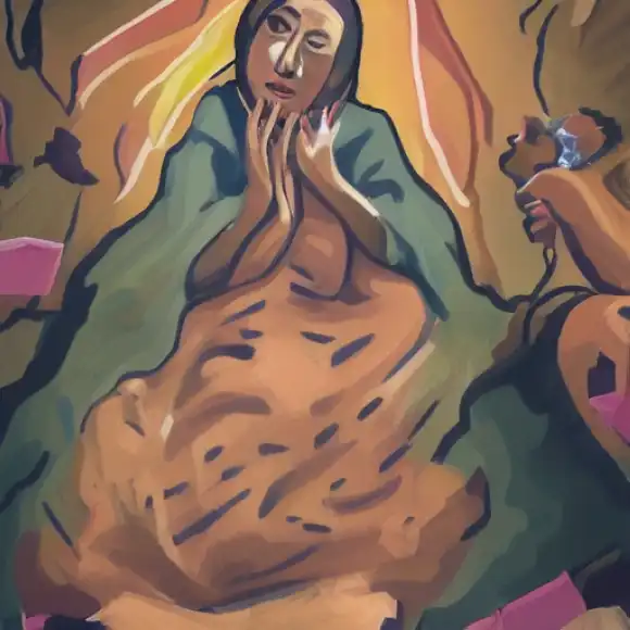 La imagen representa la recuperación milagrosa de Raquel después de un ataque de puma, destacando su devoción al rosario como fuente de intervención divina.