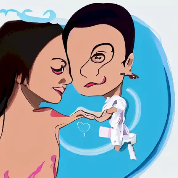 La imagen representa una conexión marital entre la presentadora Yolanda Ramos y su pareja después de 14 años de matrimonio, destacando su viaje a la paternidad a través de la fertilización in vitro con su hija, Charlotte.