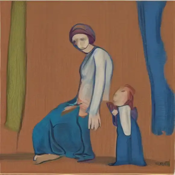 La imagen debe representar una conversación entre María Silvestre, hermana de la artista, discutiendo su papel de madre a sus nietos.